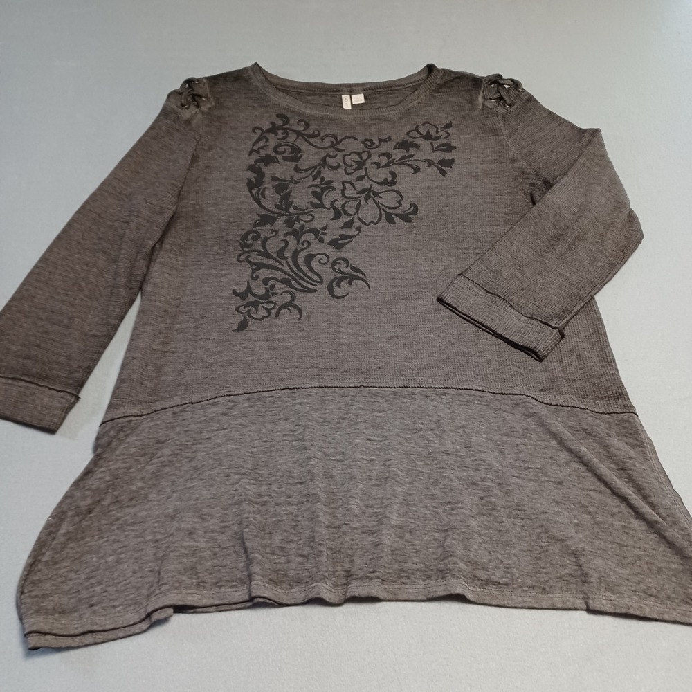 Cato Womens Gray Waffle Knit Floral Graphic Top Lace Up Shoulder 3/4 Sleeve L